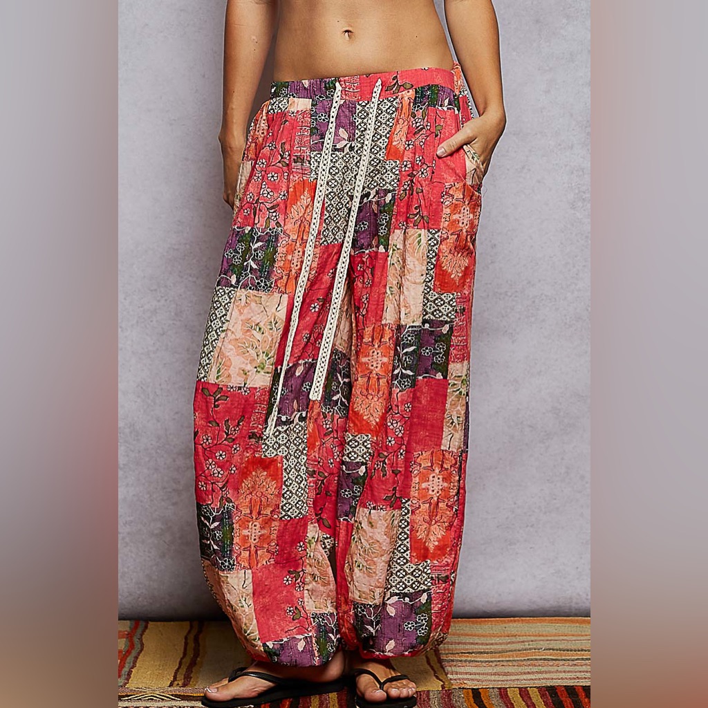 Pol Patchwork Floral Wide-Leg Pants In Coral, Purple, Green